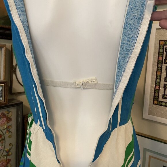 Vintage 1970s Malia Blue & Green Striped Cotton Maxi Dress with Built In Bra S - Picture 5 of 8